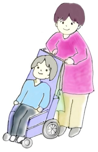 車いすの方に付き添うヘルパーのイラスト